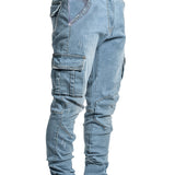 kkboxly  Multi Pocket Slim Fit Jeans, Men's Casual Street Style Distressed Denim Pants