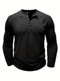 kkboxly  Solid Color Men's All-match Cotton Comfy Long Sleeve Round Neck Henley Shirt, Spring Fall