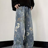 Men's Floral Print Denim Trousers With Pockets, Causal Breathable Cotton Blend Straight Leg Jeans For Outdoor Activities