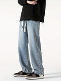 Classic Design Straight Fit Mopping Jeans, Men's Casual Street Style Waist Drawstring Denim Pants For Spring Fall