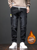 kkboxly  Men's Warm Thick Tapered Pants, Casual Trendy Cropped Pants For Fall Winter