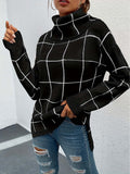 kkboxly  Plaid Pattern Turtleneck Knitted Pullover Top, Casual Long Sleeve Sweater For Fall & Winter, Women's Clothing