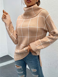 kkboxly  Plaid Pattern Turtleneck Knitted Pullover Top, Casual Long Sleeve Sweater For Fall & Winter, Women's Clothing