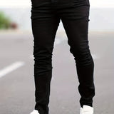 kkboxly Slim Fit Cotton Jeans, Men's Casual Solid Color Mid Stretch Denim Pants For Spring Summer