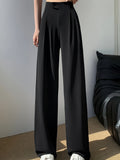 kkboxly  Solid High Waist Pants, Casual Wide Leg Button Pants, Women's Clothing