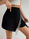 kkboxly  Shiny Rhinestone Tassels Zipper Back Shorts, Casual Asymmetrical Hem Shorts, Women's Clothing