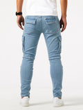 Slim Fit Multi Pocket Jeans, Men's Casual Street Style High Stretch Denim Cargo Pants