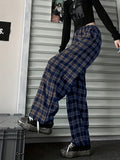 kkboxly  Plus Size Casual Pants, Women's Plus Plaid Print Elastic High Rise Wide Leg Trousers With Pockets