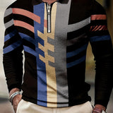 Geometric Print Men's Fashion Long Sleeve Zipper Lapel Shirt, Comfy Male Shirt For Spring Fall