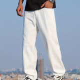 kkboxly  Loose Cotton Blend Men's Solid Wide Leg Pants, Men's Casual Denim Pants, All Seasons