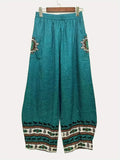 Ethnic Geo Print High Waist Pants, Casual Wide Leg Pants For Vacation, Women's Clothing