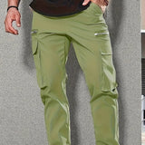 kkboxly Men's Trendy Solid Tactical Pants, Casual Multi Pockets Trousers For Outdoor