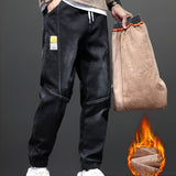 kkboxly  Men's Warm Thick Tapered Pants, Casual Trendy Cropped Pants For Fall Winter