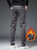 kkboxly  Men's Stylish Solid Pants With Pockets, Formal Breathable Slim-fit Fleece Men's Bottom Clothing For Business Activities