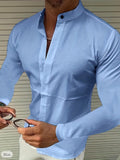 kkboxly  Trendy Men's Casual Solid Long Sleeve Shirt With Mandarin Collar Design, Men's Shirt For Summer, Tops For Men, Gift For Men