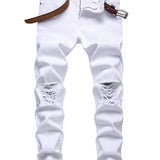 Men's Casual Ripped Slim Fit White Cotton Jeans