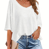 kkboxly  Solid Elegant V Neck T-Shirt, Drop Shoulder Casual Top For Summer & Spring, Women's Clothing