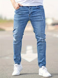 kkboxly Ripped Design Cotton Slim Fit Jeans, Men's Casual Street Style Leg Mid Stretch Denim Pants For Spring Summer