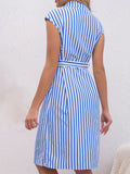 kkboxly  Striped Print Shirt Dress, Tie Waist Casual Short Sleeve Dress, Women's Clothing