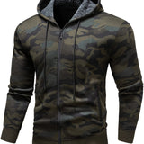 kkboxly  Warm Fleece Camouflage Pattern Hooded Jacket, Men's Casual Zipper Pockets Slightly Stretch Sweatshirt Jacket For Fall Winter