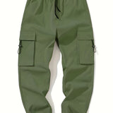 Kid's Pockets Patched Cargo Pants, Elastic Waist Trousers, Boy's Clothes For All Seasons