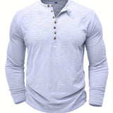 kkboxly  Solid Color Men's All-match Cotton Comfy Long Sleeve Round Neck Henley Shirt, Spring Fall