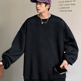 kkboxly  Men's Stylish Loose Solid Sweatshirt, Casual Slightly Stretch Breathable Crew Neck Long Sleeve Top For City Walk Street Hanging Outdoor Activities