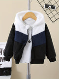 kkboxly Kid's Fuzzy Fleece Hooded Jacket, Color Clash Warm Zipper Coat, Boy's Clothes For Spring Fall Outdoor