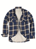 kkboxly  Men's Warm Fleece Plaid Shirt Coat, Casual Retro Lapel Button Up Chest Pocket Jacket For Fall Winter