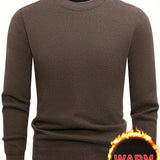 Men's Stylish Solid Fleece Knitted Pullover, Casual Breathable Long Sleeve Crew Neck Warm Sweater For Winter Outdoor