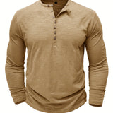 kkboxly  Solid Color Men's All-match Cotton Comfy Long Sleeve Round Neck Henley Shirt, Spring Fall