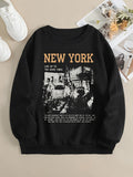 kkboxly  New York Print Thermal Sweatshirt, Casual Long Sleeve Crew Neck Sweatshirt, Women's Clothing