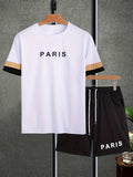 kkboxly  Men's 2 Piece Casual Striped Trimmed PARIS T Shirt And Track Shorts Set Holiday Lounge Beach Sports Suit