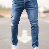 kkboxly Ripped Design Cotton Slim Fit Jeans, Men's Casual Street Style Leg Mid Stretch Denim Pants For Spring Summer