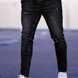 kkboxly  Slim Fit Moustache Effect Jeans, Men's Casual Street Style Distressed Stretch Denim Pants