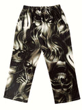 kkboxly Plus Size Men's Halloween 3D Skull Print Beach Pants, Oversized Loose Fit Casual Fashion Pants For Males, Men's Clothing