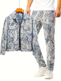 kkboxly  Men's Jacquard 2pcs, Trendy Lapel Long Sleeve Jacket And Straight Leg Stylish Pants For Spring And Autumn