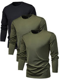 kkboxly 3Pcs Men's Crew Neck Long Sleeve Active T-shirt Tee, Casual Comfy Shirts For Spring Summer Autumn, Men's Clothing Tops