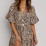 Kkboxly  Leopard Print Button Tiered Dress, Ruffle Hem V Neck Short Sleeve Layered Dress, Casual Every Day Dress, Women's Clothing