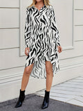 kkboxly  Zebra Print Dipped Hem Dress, Casual Button Front Long Sleeve Dress, Women's Clothing