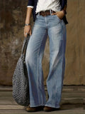 Solid Loose Fit Straight Jeans, Non-Stretch Slash Pockets Baggy Denim Pants, Women's Denim Jeans & Clothing