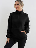 Zip Front Plush Pullover Sweatshirt, Casual Pocket Long Sleeve Sweatshirt, Women's Clothing