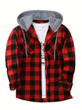 kkboxly  Plaid Shirt Coat For Men Long Sleeve Casual Regular Fit Button Up Hooded Shirts Jacket