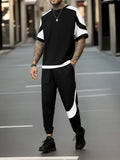 2-piece Men's Summer Street Outfit Set, Color Block Men's Short Sleeve Round Neck T-shirt & Drawstring Long Pants Set