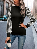 Striped Print Mock Neck T-Shirt, Casual Long Sleeve T-Shirt For Spring & Fall, Women's Clothing