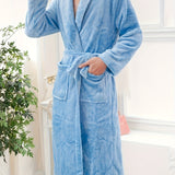 kkboxly Men's Comfy Solid Fleece Robe Home Pajamas Wear With Pocket One-piece Lace Up Kimono Night-robe Warm Sets After Bath