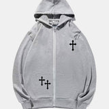 kkboxly  Cross Print Men's Full-Zip Hooded Sweatshirt Casual Long Sleeve Hoodies With Pocket Gym Sports Hooded Jacket For Spring Fall, As Gift