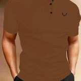 kkboxly  Antelope Horns Men's Casual Stand Collar Button Up Short Sleeves Polo Shirts For Summer