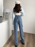 kkboxly  Lace Up Back High Waist Straight Jeans, Y2k Washed Loose Wide Leg Denim Pants, Women's Denim Jeans & Clothing