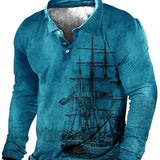 Plus Size Men's 3D Sailboat Print Lapel 
 Shirt For Spring/autumn, Oversized Long Sleeve Golf Shirt For Males, Men's Clothing